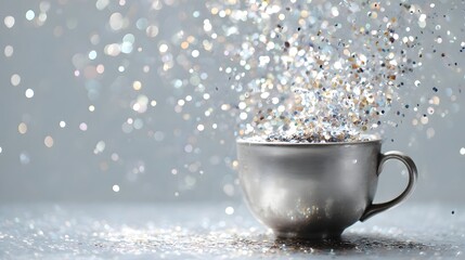 Silver cup overflowing with sparkling glitter on a gray background.