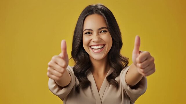 Smiling young woman with dark hair on yellow background