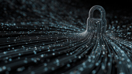 Abstract cybersecurity concept with digital lock, shield icons, and flowing data lines, dark but clean tech aesthetic, Adobe Stock illustration style, professional, high resolution.