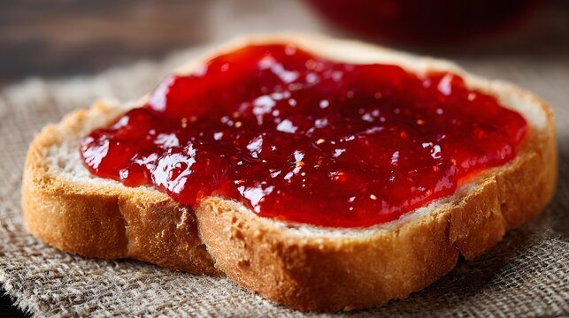 Slice of bread with strawberry jam on a burlap surface.