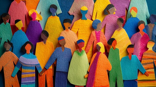 A vibrant composition featuring diverse paper cut-out figures, symbolizing unity. They overlap against a dark blue background