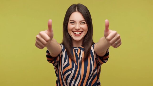 Smiling young woman with long brown hair wearing striped shirt