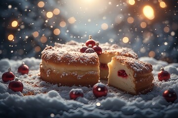 A round cake covered in white icing resembling snowdrifts, with miniature gingerbread houses, candy canes, and frosted trees forming a cozy snowy village scene.