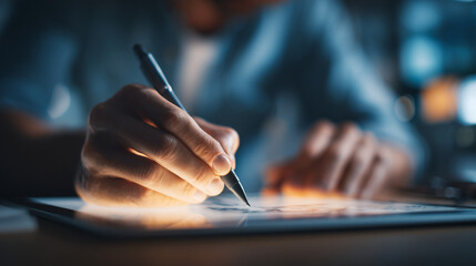 Close-up of hands using digital pen on tablet, creative design process, soft lighting, shallow depth of field, Adobe Stock photography style, clean and professional look.
