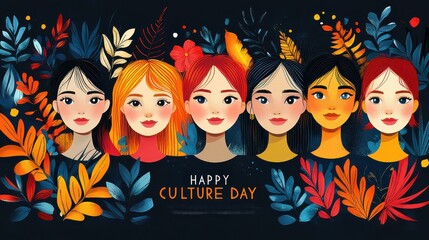 Diverse women's faces framed by colorful autumn leaves, celebrating culture day.