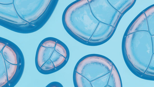 Microscopic view of translucent blue cells with grid patterns on light blue background