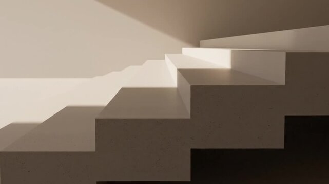 Close-up of a staircase with geometric steps in warm, neutral tones and dramatic lighting.