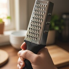 Close Up Of A Hand Holding A Metal Grater With Water Droplets In A Kitchen Setting With Blurred Background Of Plants And Window