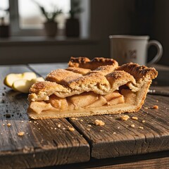 Golden Baked Apple Pie Slice with Warm Afternoon Sunlight Illuminating Rustic Wooden Table and Cozy Kitchen Window Background