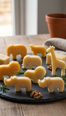 Assortment of Cheese Cut into Adorable Animal Shapes on a Dark Slate Platter with Walnuts and Rosemary Garnish on a Wooden Tabletop