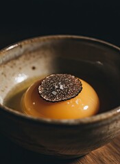 A Whole Raw Egg Topped with Sliced Black Truffle and Sea Salt in a Rustic Ceramic Bowl with Soft Natural Lighting and a Dark Moody Background
