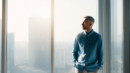 Confident creative professional standing near large window with city view, soft daylight, modern minimalist style, Adobe Stock photography, aspirational yet realistic mood, clean composition.