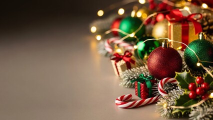 Festive Christmas Decorations Gifts Ornaments Garland Lights Holiday Background New Year Celebration