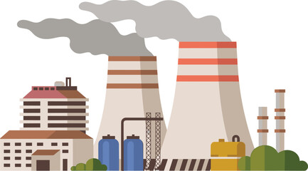 Obraz premium Minimalist industrial factory illustration with power plant cooling towers smoke pipelines energy production manufacturing facility isolated background