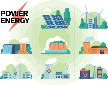 Power energy infographic illustration showing renewable and nonrenewable sources solar wind hydro geothermal biomass nuclear coal battery storage