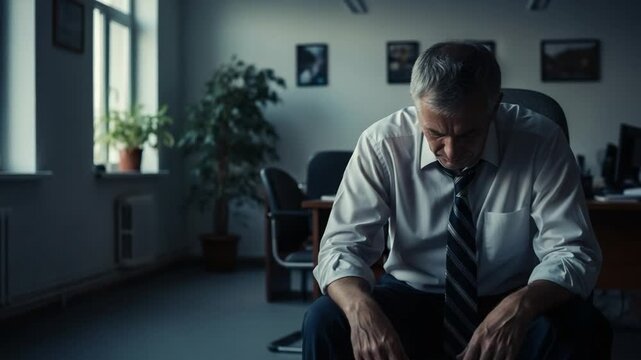 Middle-aged Businessman in Office Looking Down with Stress and Anxiety in Dark Atmosphere