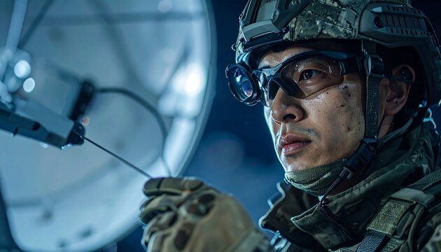 Soldier in combat gear works with comms equipment, night scene