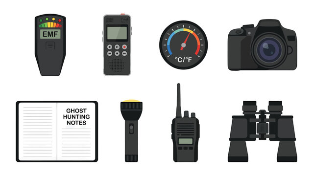 Ghost Hunting Equipment Kit EMF Meter Camera Thermometer Notebook Flashlight Walkie Talkie Binoculars Paranormal Investigation Tools Collection Vector Illustration