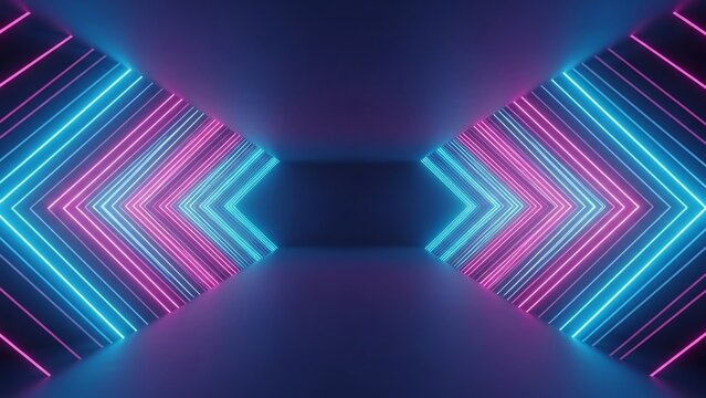 Abstract Neon Light Arrows Moving Forward in a Dark Tunnel. - Powered by Adobe