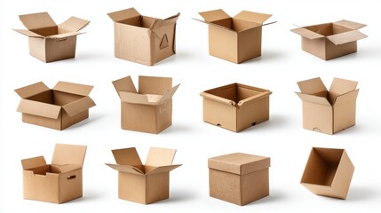 Fototapeta premium Assortment of brown cardboard boxes in various open and closed positions, arranged on a white background, isolated