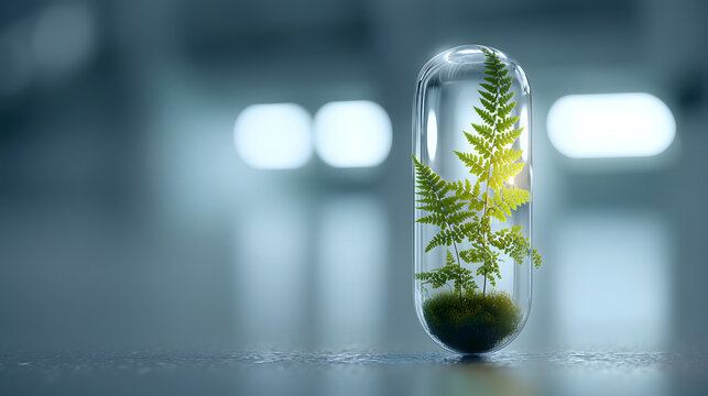 Glass capsule with thriving fern suspended in modern lab, soft ambient light 3D render
