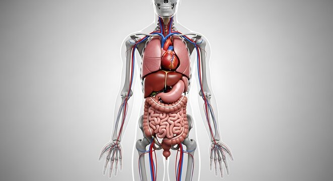 Detailed digital illustration of human anatomy showing internal organs and skeletal system