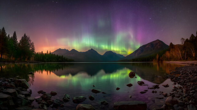 Northern lights mirrored in serene lake, ethereal glow, ultra HD nature landscape background
