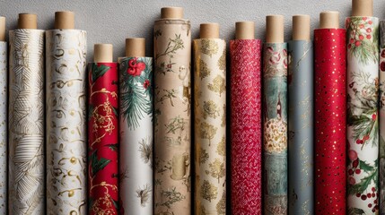 Assortment of patterned wrapping paper rolls in various colors and designs, perfect for gifts during the holiday season