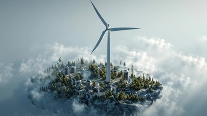 Wind turbine renewable energy floating island forest modern buildings cloudy sky sustainable power green technology clean energy futuristic landscape floating island wind turbine modern buildings - Powered by Adobe