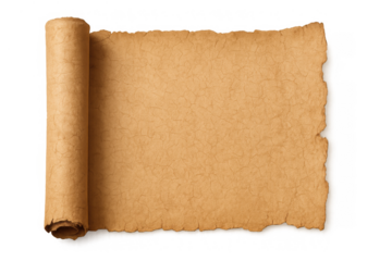 Unrolling old parchment scroll with blank textured surface, finding ancient document and discovering historical information