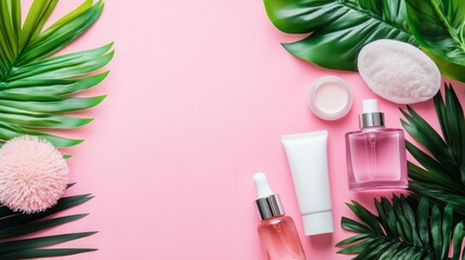 Vibrant pink background displaying diverse cosmetics collection essential beauty products makeup items and skincare solutions for glamour enthusiasts.