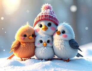 three cute stuffed birds standing together in a snowy environment