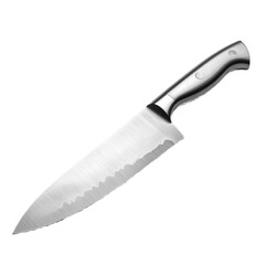 A stainless steel chef's knife with a smooth, polished blade and ergonomic handle.