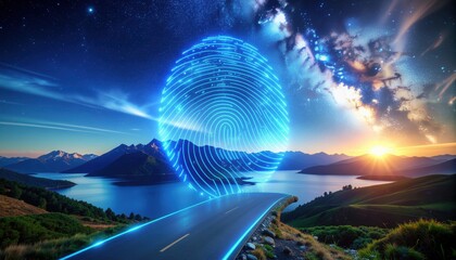 Digital Fingerprint Globe Over Road Leading to Mountains and Lake at Sunset