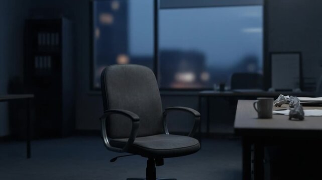 Empty Office Space with Ergonomic Chair and Desk at Night, Modern Workspace Setting