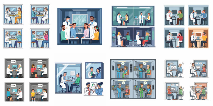 Audiology and Speech Therapy Illustrations: Doctors performing hearing tests, diagnosing loss, and conducting auditory examinations in clinical settings.