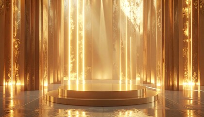 a luxurious interior with a stunning backdrop of golden curtains and a pedestal