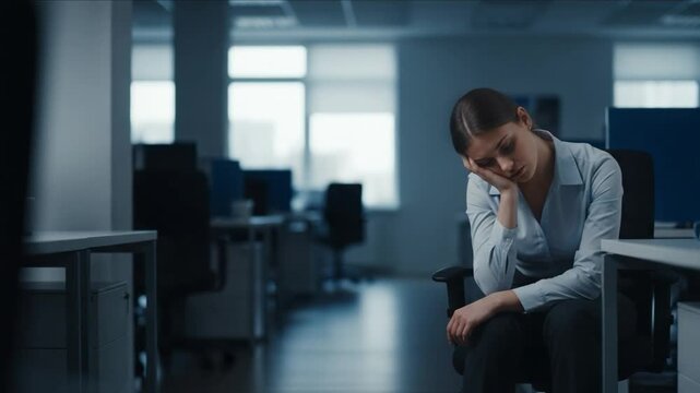 Stressed Young Businesswoman in Empty Office During Late Hours