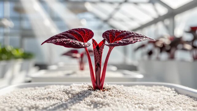 Plant Growing From Seedling Into a Red Plant in Greenhouse Tray