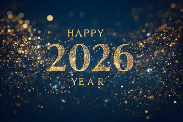 &ldquo;Happy New Year 2026&rdquo; in elegant gold typography, dark midnight blue background