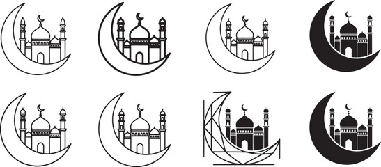 Mosque Architecture and Crescent Moon Silhouette Icon Set for Ramadan Kareem Islamic Holiday Celebration and Religious Cultural Symbol Design