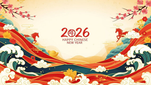 Happy Chinese New Year 2026 Year of the Horse with traditional wave patterns and blooming cherry blossoms a festive greeting for celebrations
