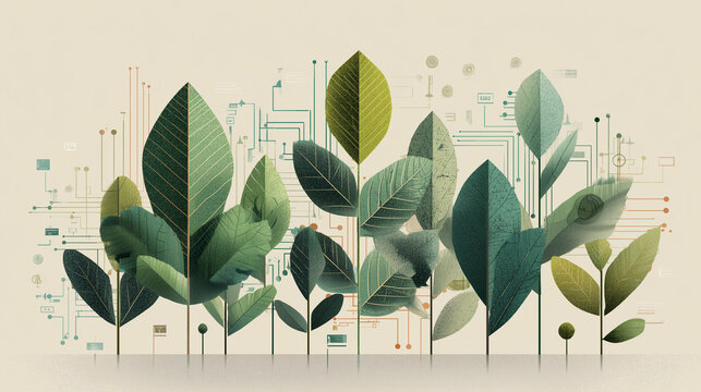 stainability and green technology illustration, abstract leaves combined with digital circuits and renewable energy symbols.