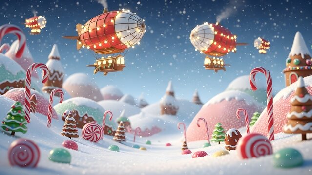 "Tiny Christmas Airships Sailing Over Candy Snowland"