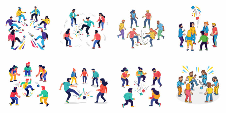 Diverse young people enjoying active, cooperative circle games like hacky sack and outdoor fun, depicted in a colorful vector illustration collection.