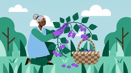 Woman Harvesting Berry Fruits From Bush in Garden Agriculture Seasonal Harvesting Process