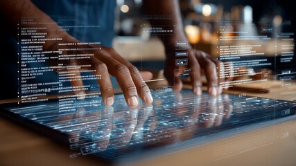 Futuristic digital interface with holographic data and coding elements manipulated by hand on transparent touchscreen showcasing advanced technology innovation and modern digital visualization - Powered by Adobe
