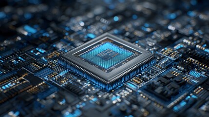 Close-up of a complex electronic component, a processor, on a circuit board, with blue and teal highlights, showcasing intricate details