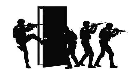 Naklejka premium Silhouette of tactical police team executing a dynamic door breach operation with assault rifles ready for action