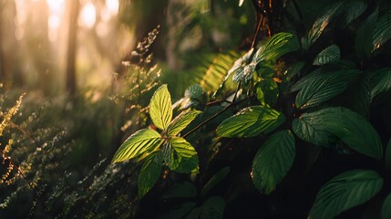 Sunlit Green Leaves in a Lush Forest Setting.